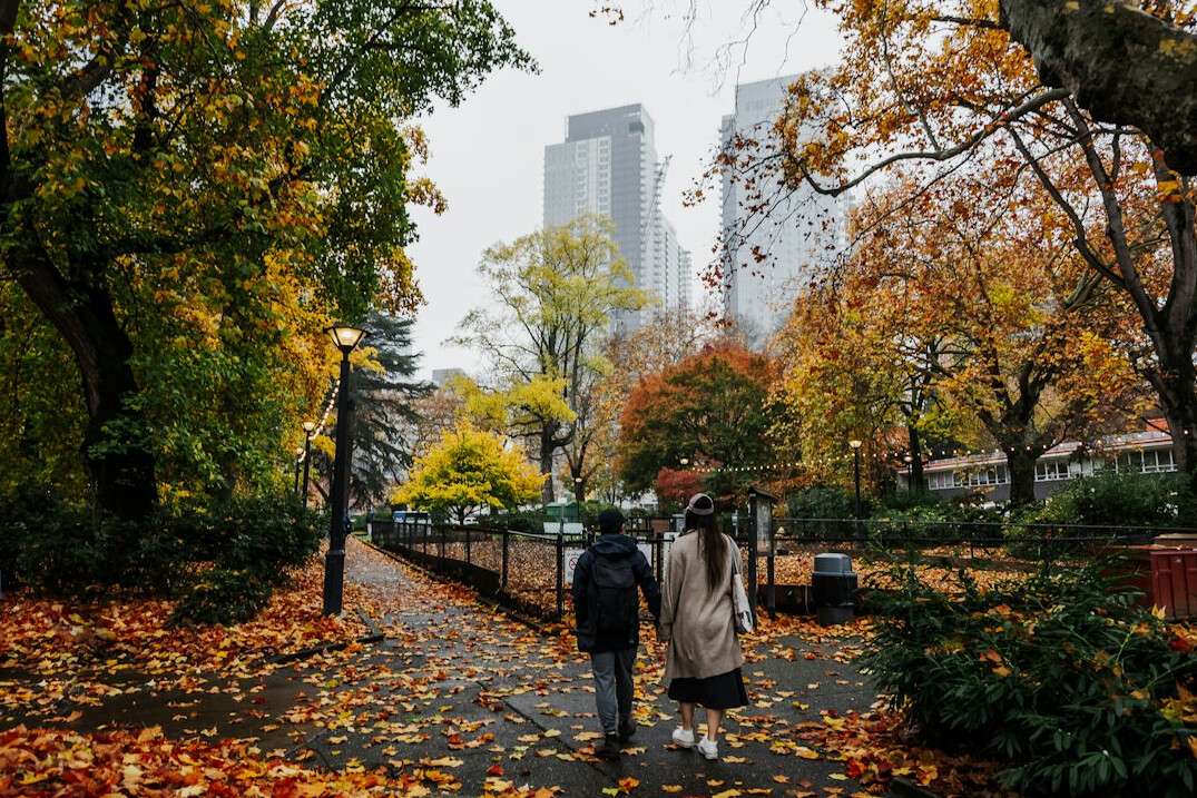 romantic couple walking in street